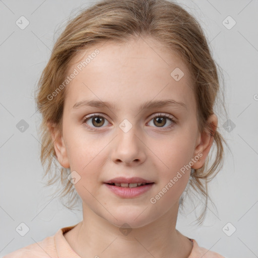 Joyful white child female with medium  brown hair and brown eyes