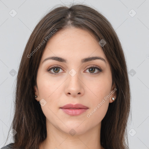 Neutral white young-adult female with long  brown hair and brown eyes