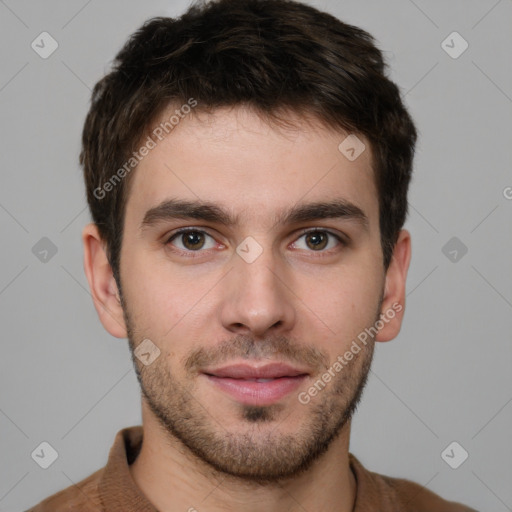 Neutral white young-adult male with short  brown hair and brown eyes