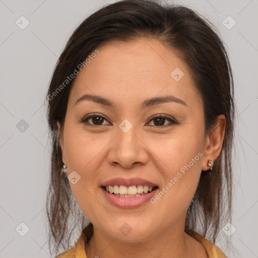 Joyful white young-adult female with medium  brown hair and brown eyes