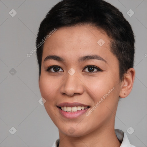 Joyful white young-adult female with short  brown hair and brown eyes