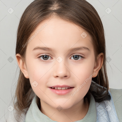 Joyful white child female with medium  brown hair and brown eyes