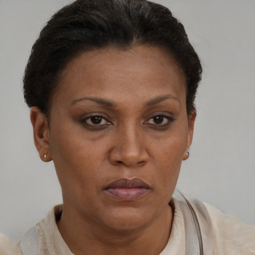 Neutral black young-adult female with short  brown hair and brown eyes