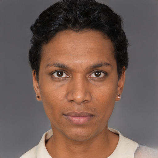 Neutral black adult male with short  brown hair and brown eyes