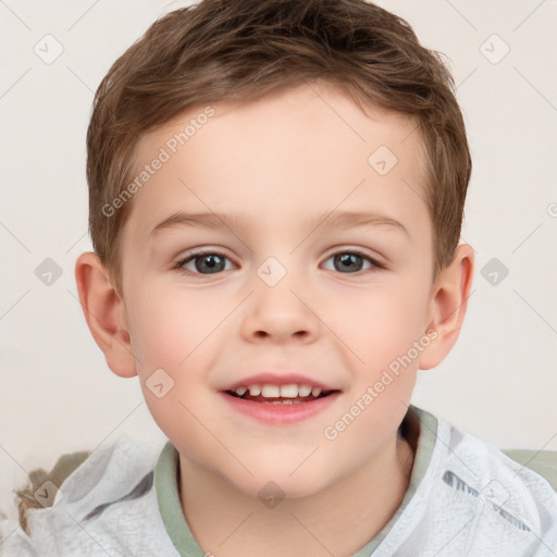 Joyful white child male with short  brown hair and brown eyes