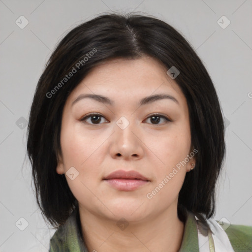 Neutral asian young-adult female with medium  brown hair and brown eyes