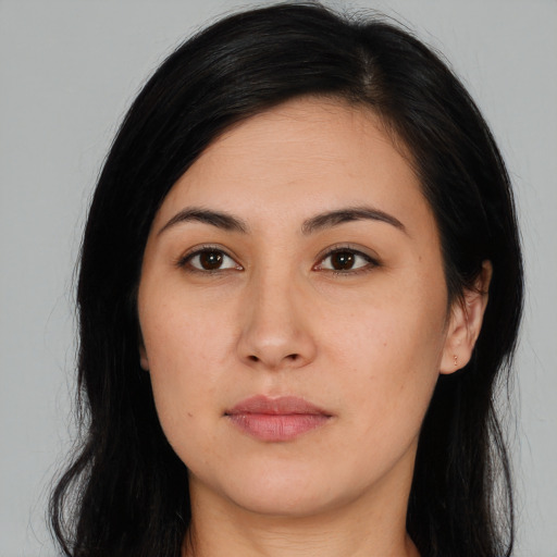 Neutral asian young-adult female with long  black hair and brown eyes