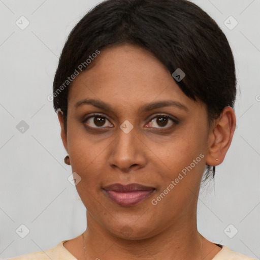 Joyful asian young-adult female with short  brown hair and brown eyes