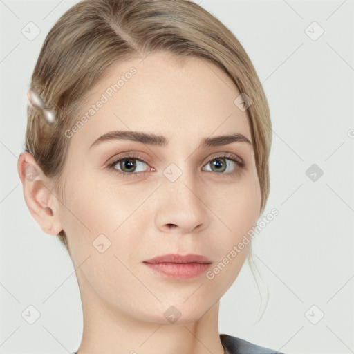 Neutral white young-adult female with medium  brown hair and grey eyes