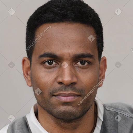 Neutral latino young-adult male with short  black hair and brown eyes