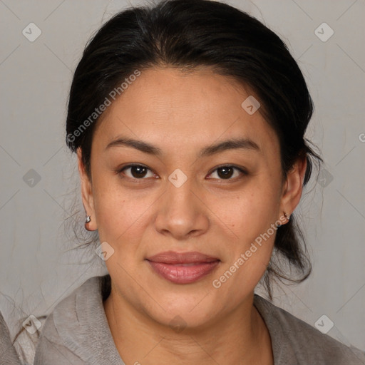 Joyful white adult female with medium  brown hair and brown eyes