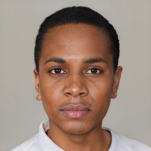 Neutral black young-adult male with short  black hair and brown eyes