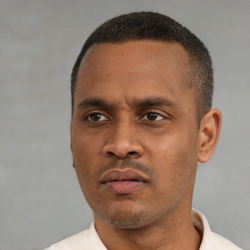 Neutral black adult male with short  black hair and brown eyes