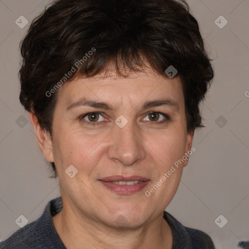 Joyful white adult female with short  brown hair and brown eyes