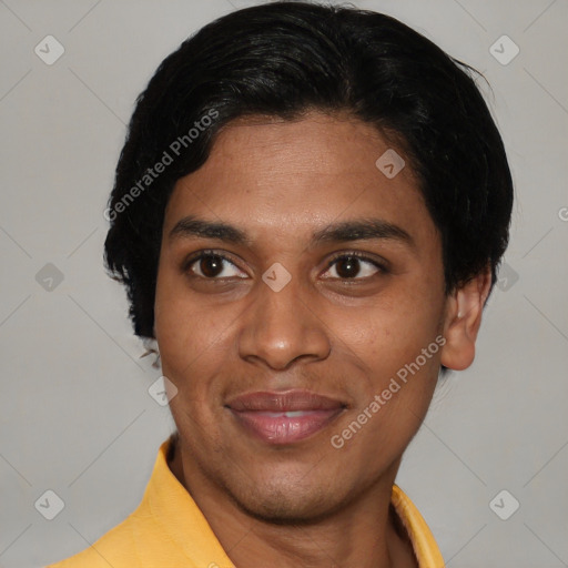 Joyful latino young-adult male with short  black hair and brown eyes