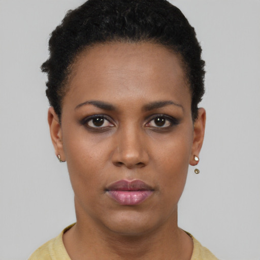 Neutral black young-adult female with short  black hair and brown eyes