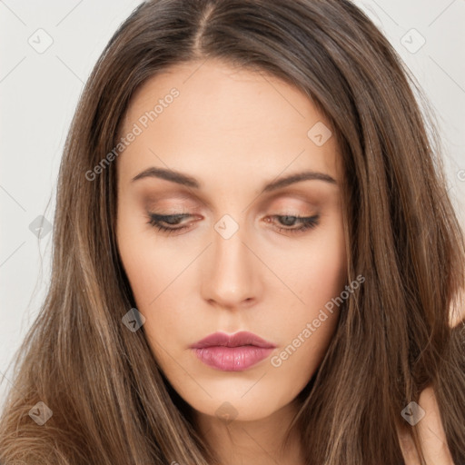 Neutral white young-adult female with long  brown hair and brown eyes