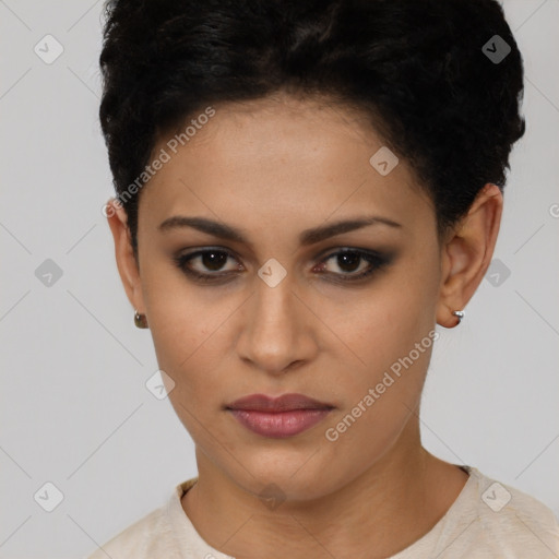 Joyful latino young-adult female with short  brown hair and brown eyes