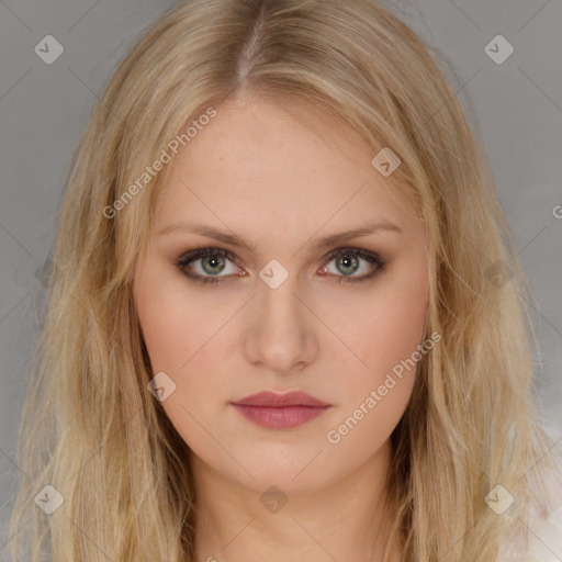 Neutral white young-adult female with long  brown hair and brown eyes