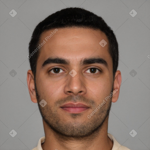 Neutral latino young-adult male with short  brown hair and brown eyes
