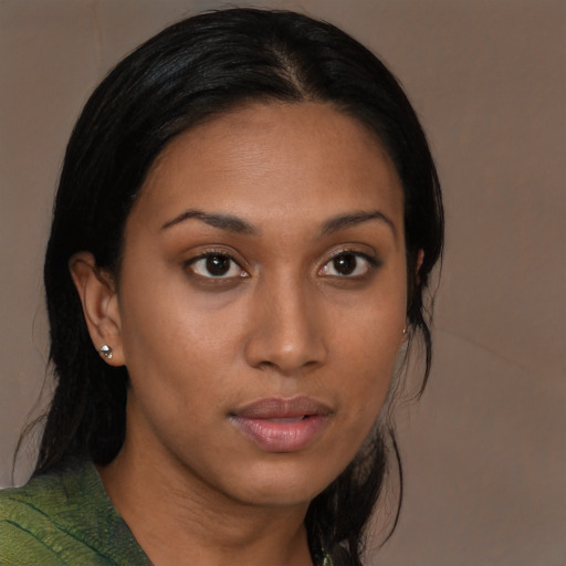 Neutral asian young-adult female with long  brown hair and brown eyes