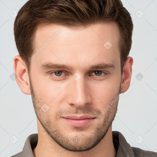 Neutral white young-adult male with short  brown hair and grey eyes