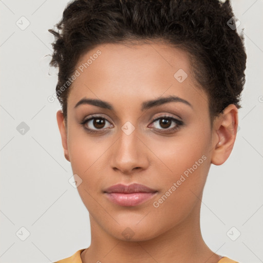 Joyful white young-adult female with short  brown hair and brown eyes