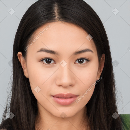 Neutral asian young-adult female with long  brown hair and brown eyes