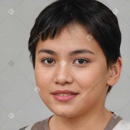 Joyful white young-adult female with short  brown hair and brown eyes