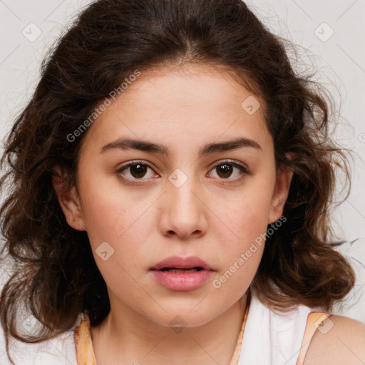 Neutral white young-adult female with medium  brown hair and brown eyes