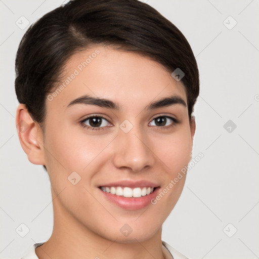 Joyful white young-adult female with short  brown hair and brown eyes