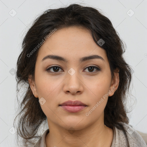 Neutral latino young-adult female with medium  brown hair and brown eyes