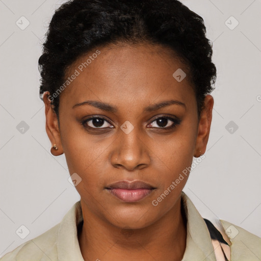 Neutral black young-adult female with short  black hair and brown eyes