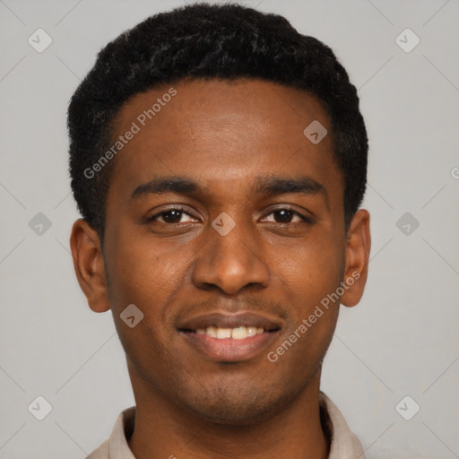 Joyful black young-adult male with short  black hair and brown eyes