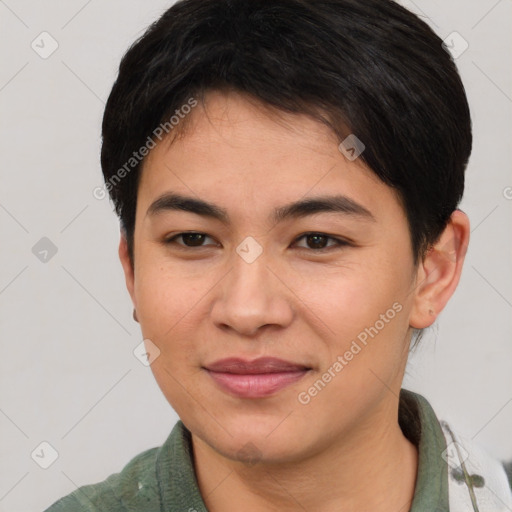 Joyful asian young-adult female with short  brown hair and brown eyes
