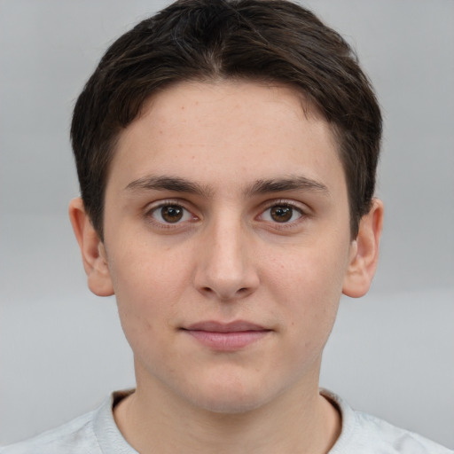 Neutral white young-adult male with short  brown hair and brown eyes