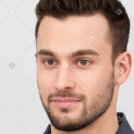 Neutral white young-adult male with short  brown hair and brown eyes