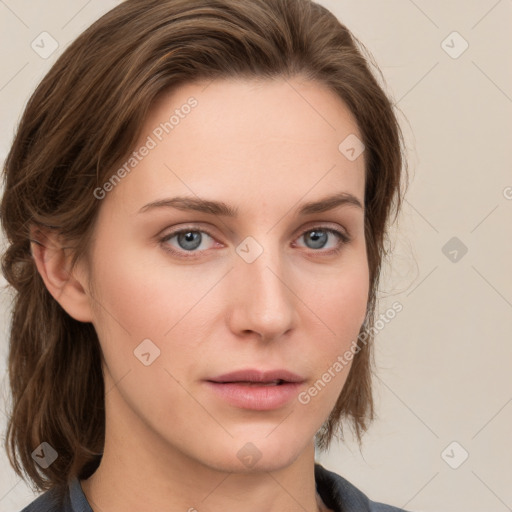 Neutral white young-adult female with medium  brown hair and grey eyes