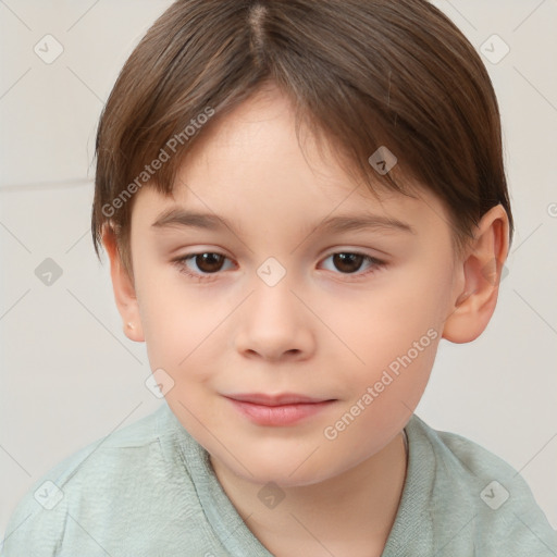 Joyful white child female with short  brown hair and brown eyes