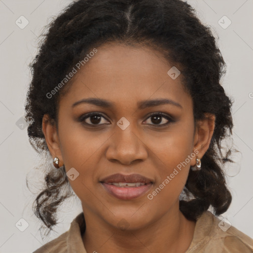 Joyful black young-adult female with long  brown hair and brown eyes