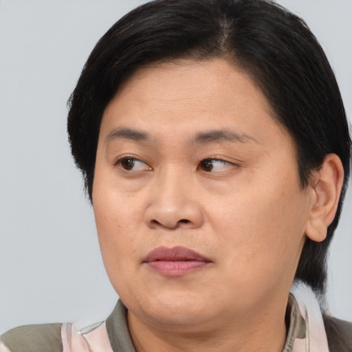 Joyful asian adult female with short  brown hair and brown eyes
