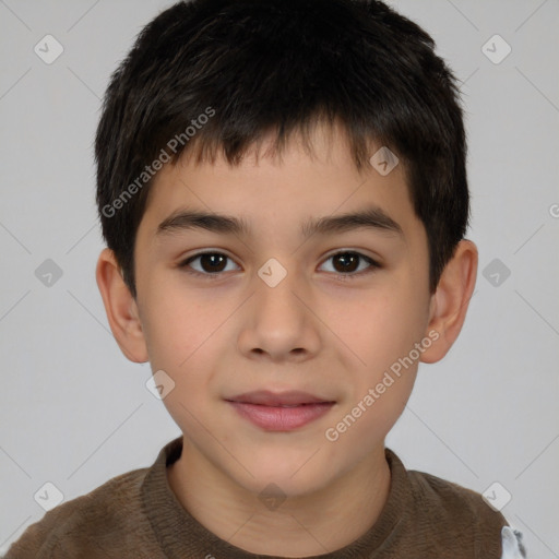 Joyful white child male with short  brown hair and brown eyes