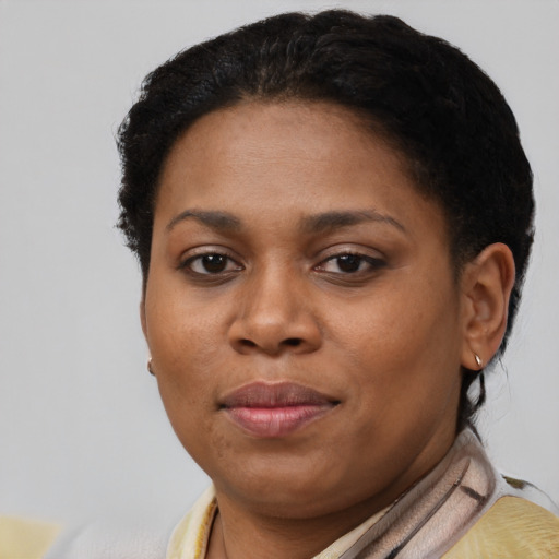 Joyful black adult female with short  brown hair and brown eyes