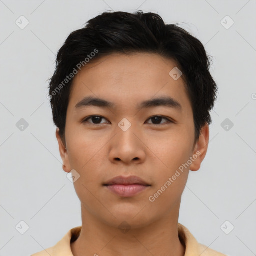 Neutral asian young-adult male with short  brown hair and brown eyes