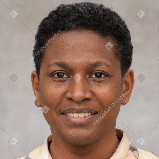 Joyful latino young-adult male with short  brown hair and brown eyes