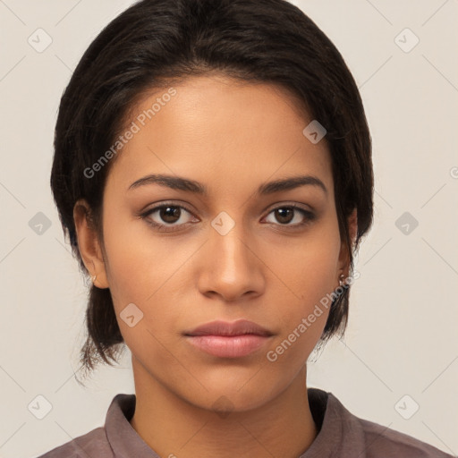 Neutral white young-adult female with medium  brown hair and brown eyes