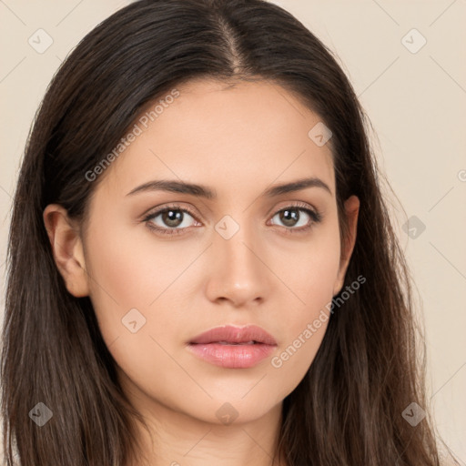 Neutral white young-adult female with long  brown hair and brown eyes