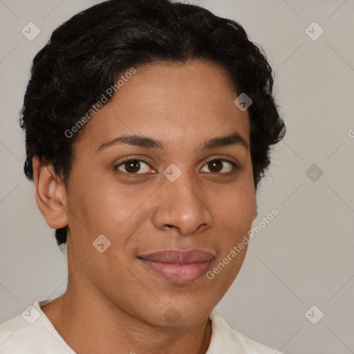 Joyful latino young-adult female with short  brown hair and brown eyes