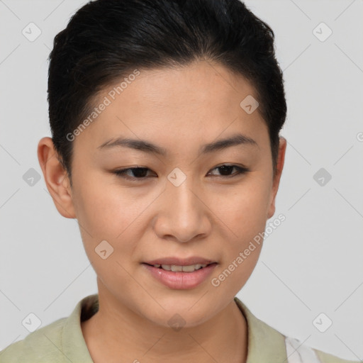 Joyful asian young-adult female with short  brown hair and brown eyes