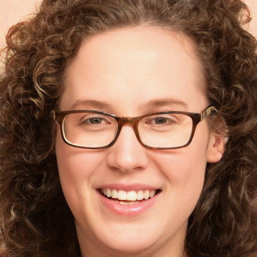 Joyful white young-adult female with long  brown hair and green eyes